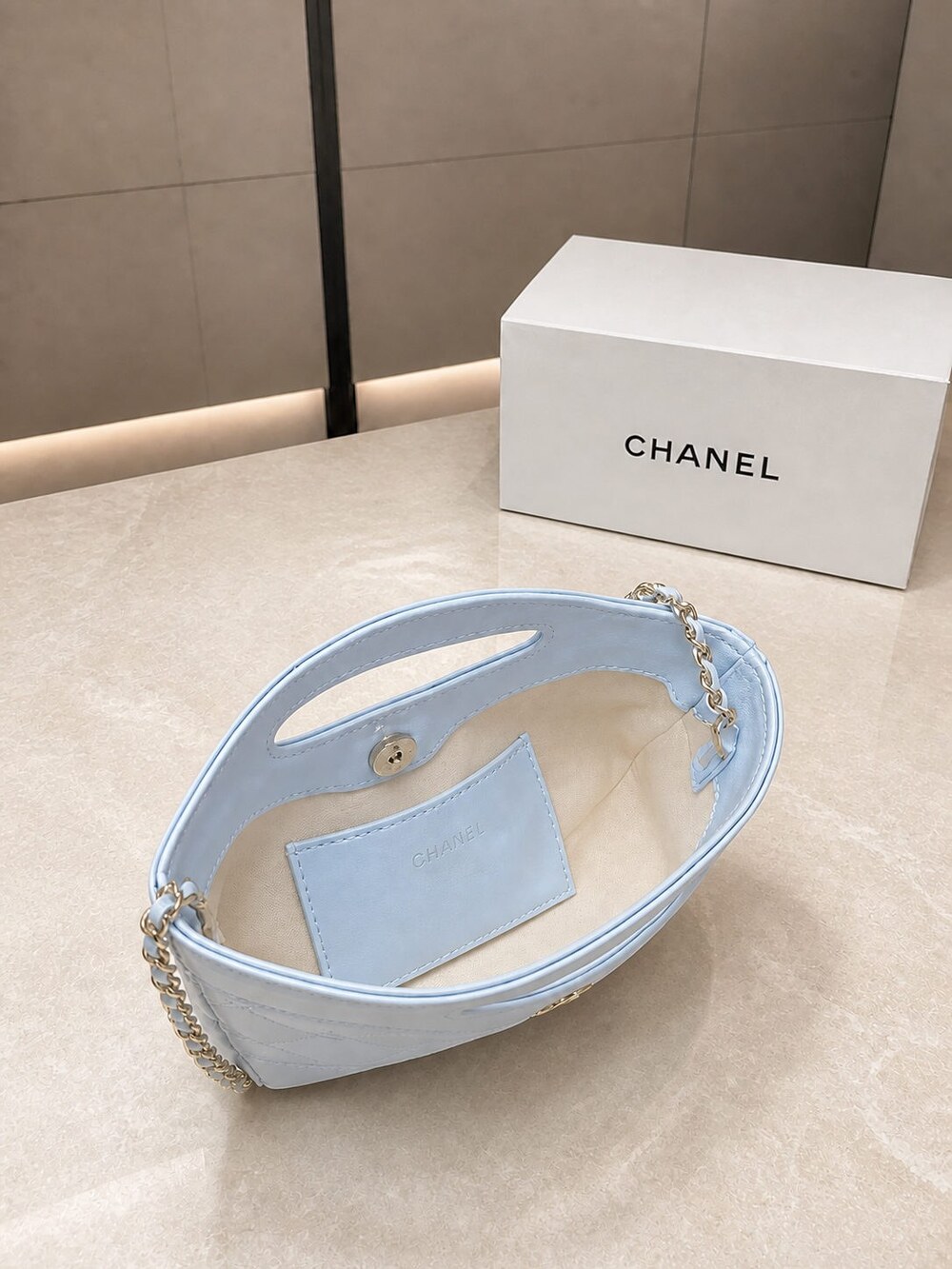 Chanel Nano Handbag in Light Blue Lambskin with Gold Tone Hardware - Picture 3 of 10